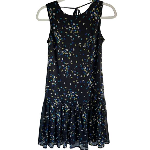 Calvin Klein Dress Black Floral Sleeveless Ruffle Hem Tie Back Neck Sz 2 Lined - Picture 1 of 11